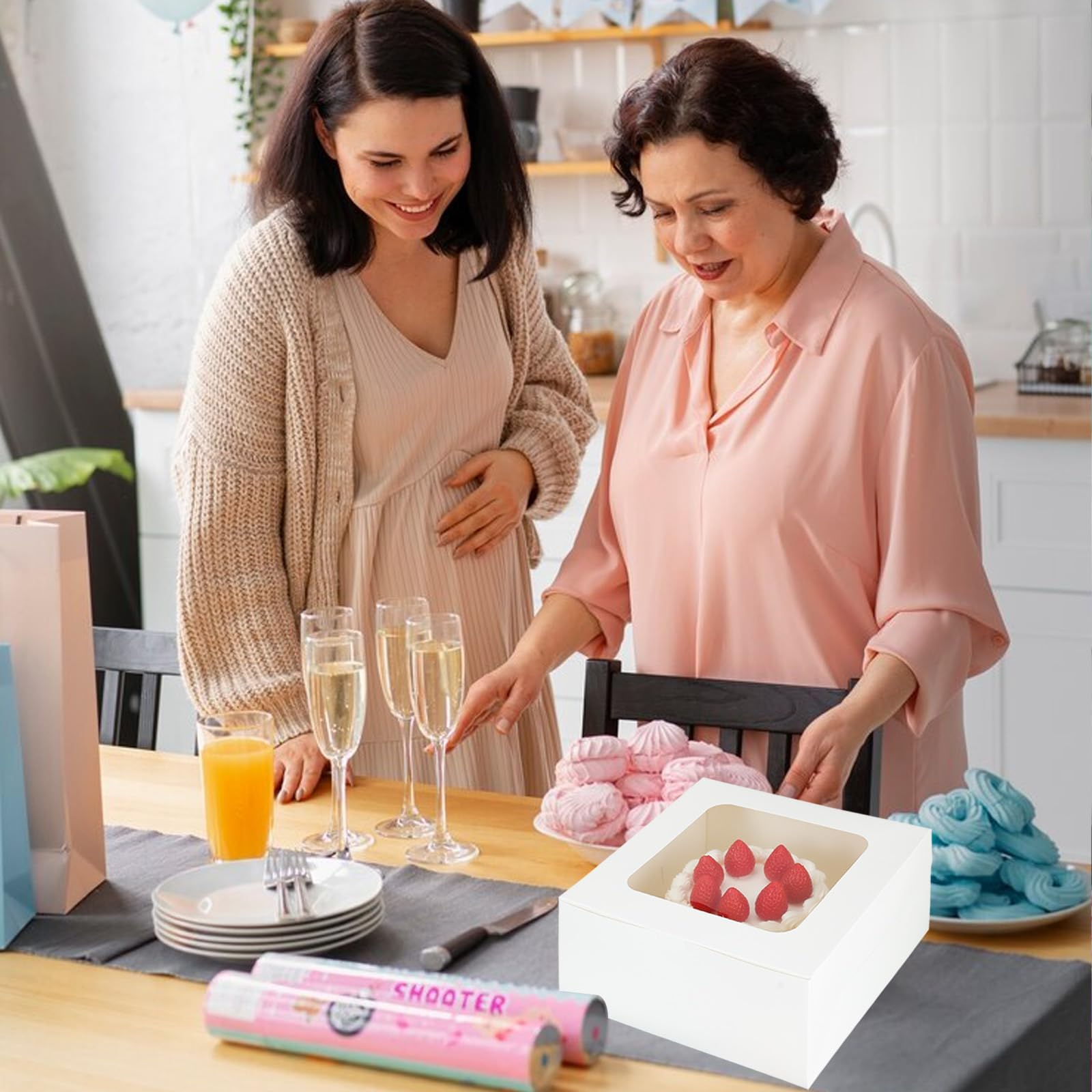 Caja blanca para tartas de 10 x 10 x 5 pulgadas (60 piezas, 30 cajas y 30 tablas) con tablas para tartas, cajas de panadería con ventana transparente para pasteles, postres, galletas,
