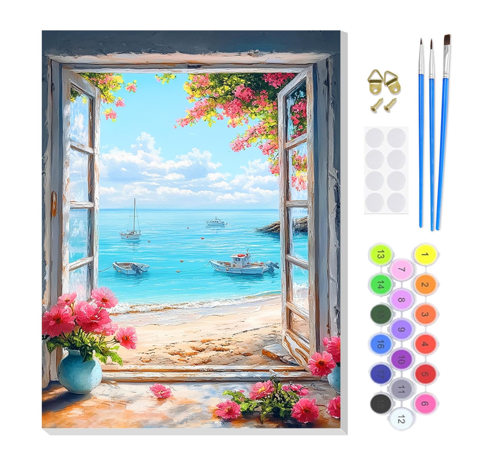 KEYIFA Paint by Numbers for Adults on Framed Canvas,Seaside View from a Window Painting by Number Canvas Kits with Acrylic Paint Brushes, DIY Craft Oil Painting Art Kits for Adults, Home Wall Decor