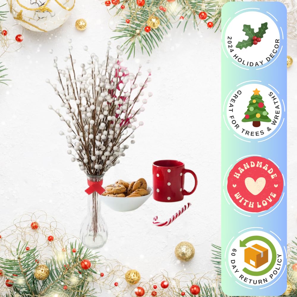 Larksilk 24 Artificial White Berry Stem Picks - Decorative Wire Branch Sprays for Christmas Tree Decoration, Holiday Décor, Silk Flower Arrangements, DIY Crafts