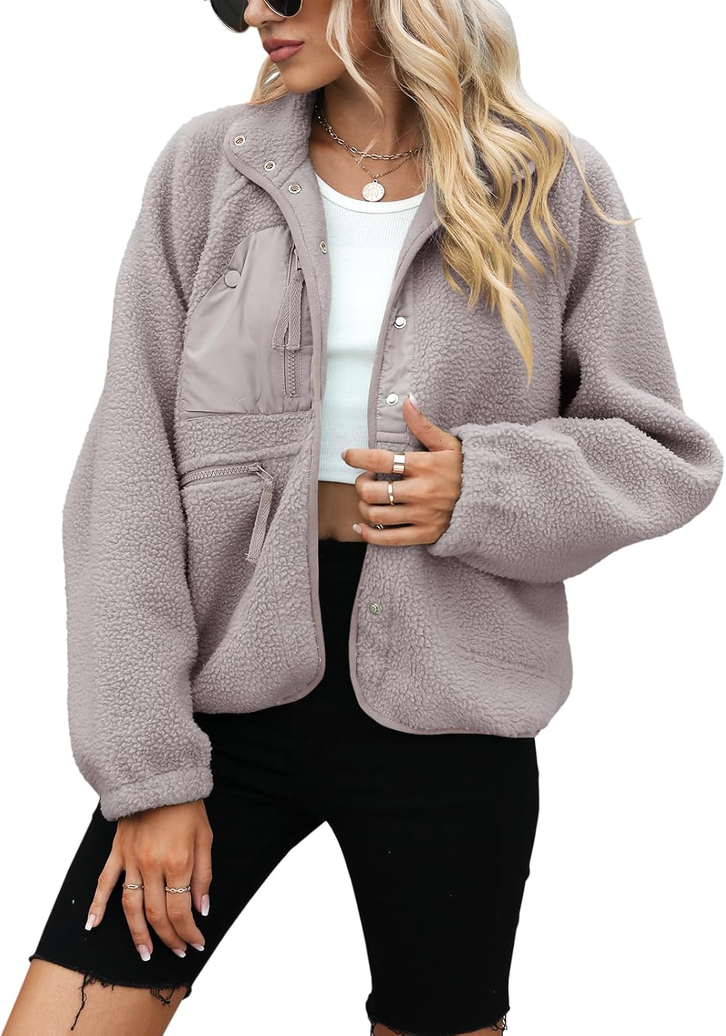 Yanekop Womens Fleece Jacket Fuzzy Long Sleeve Short Winter Coats Button Down Sherpa Jacket Outerwear with Pockets - Image 2