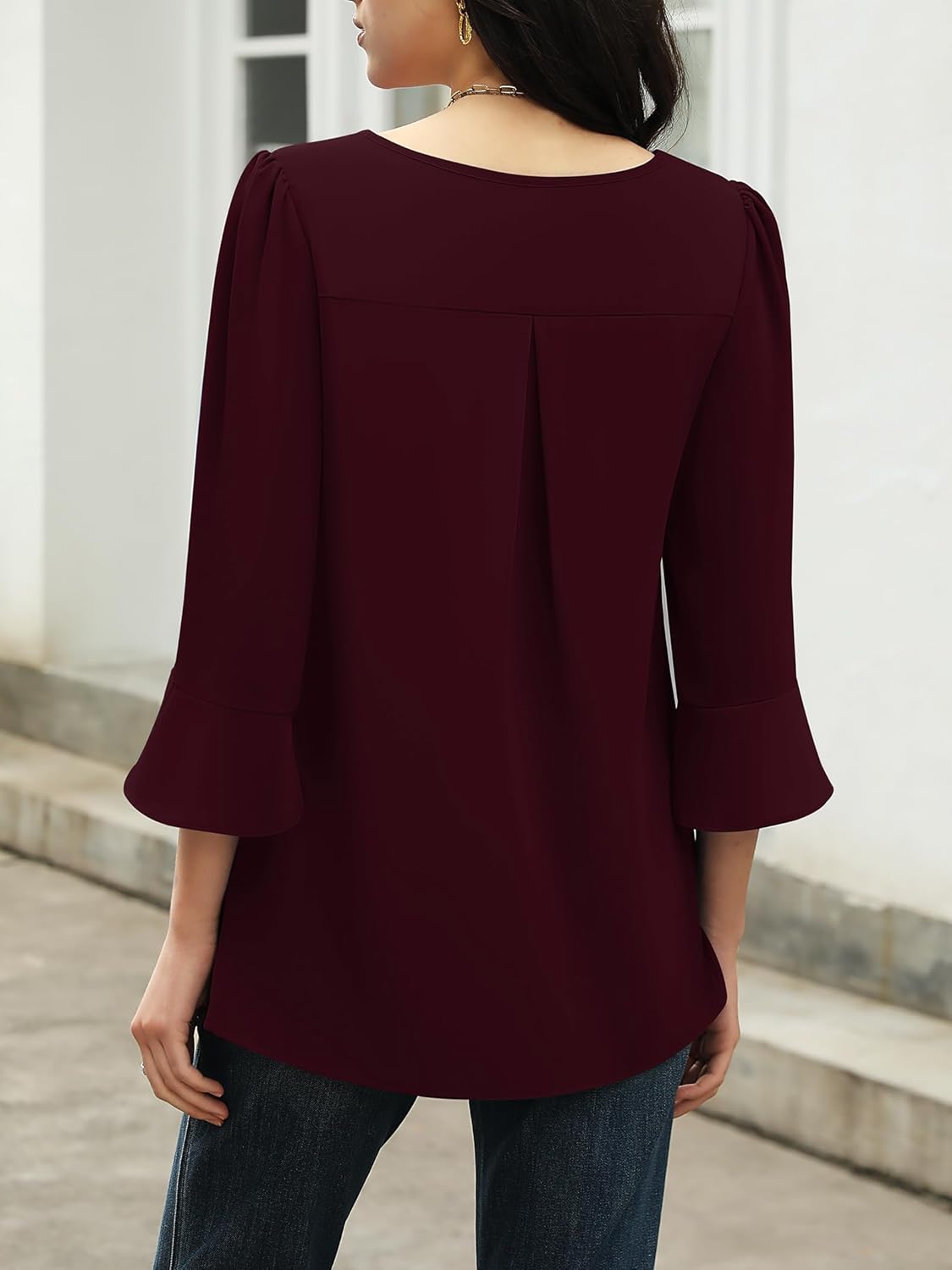 Funlingo Womens 3/4 Length Sleeve Tops Dressy Casual V Neck Business Chiffon Blouses Pleated Trendy Work Shirts - Image 3