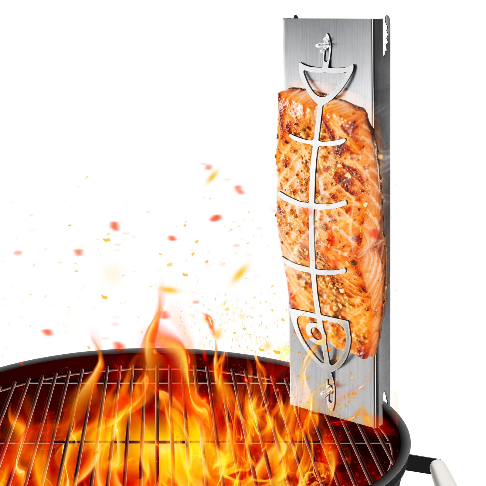 Flammlachsbrett Lachsbrett aus Edelstahl für Feuerschale und Kugelgrill Grill Feuerstelle Feuerschalen | Flammlachsbretter mit Halterung 180° Wendefunktion 5 Fach Verstellbar 58.5X16cm