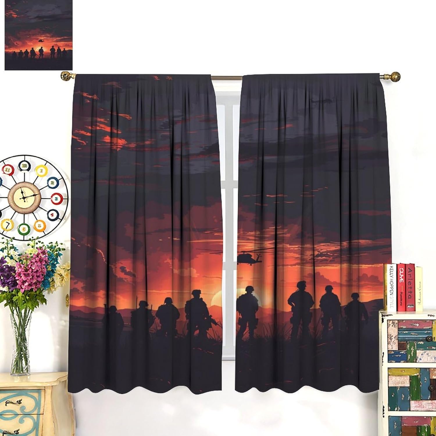 Silhouette Soldier Military Blackout Curtains for Living Room Bedroom, Sunset Helicopter Fine Window Curtains Rod Pocket Thermal Insulated Window Drapes, 2 Panels, Each 21" W x 54" L