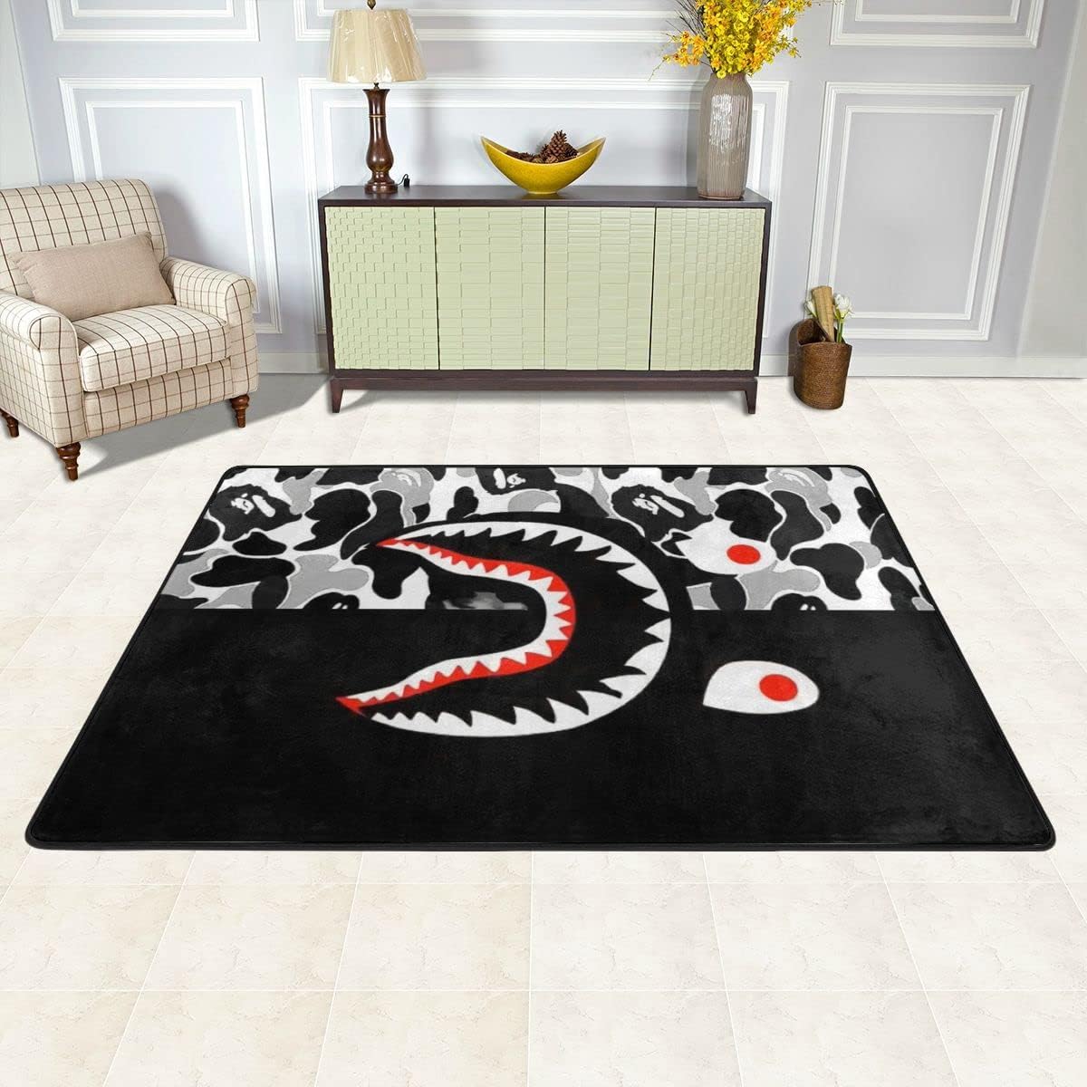 Large Camouflage Shark Anime Rug, for Bape Non-Slip Carpet Cute Rugs for Bedroom Aesthetic Soft Carpet Decorative Rug for Indoor Outdoor