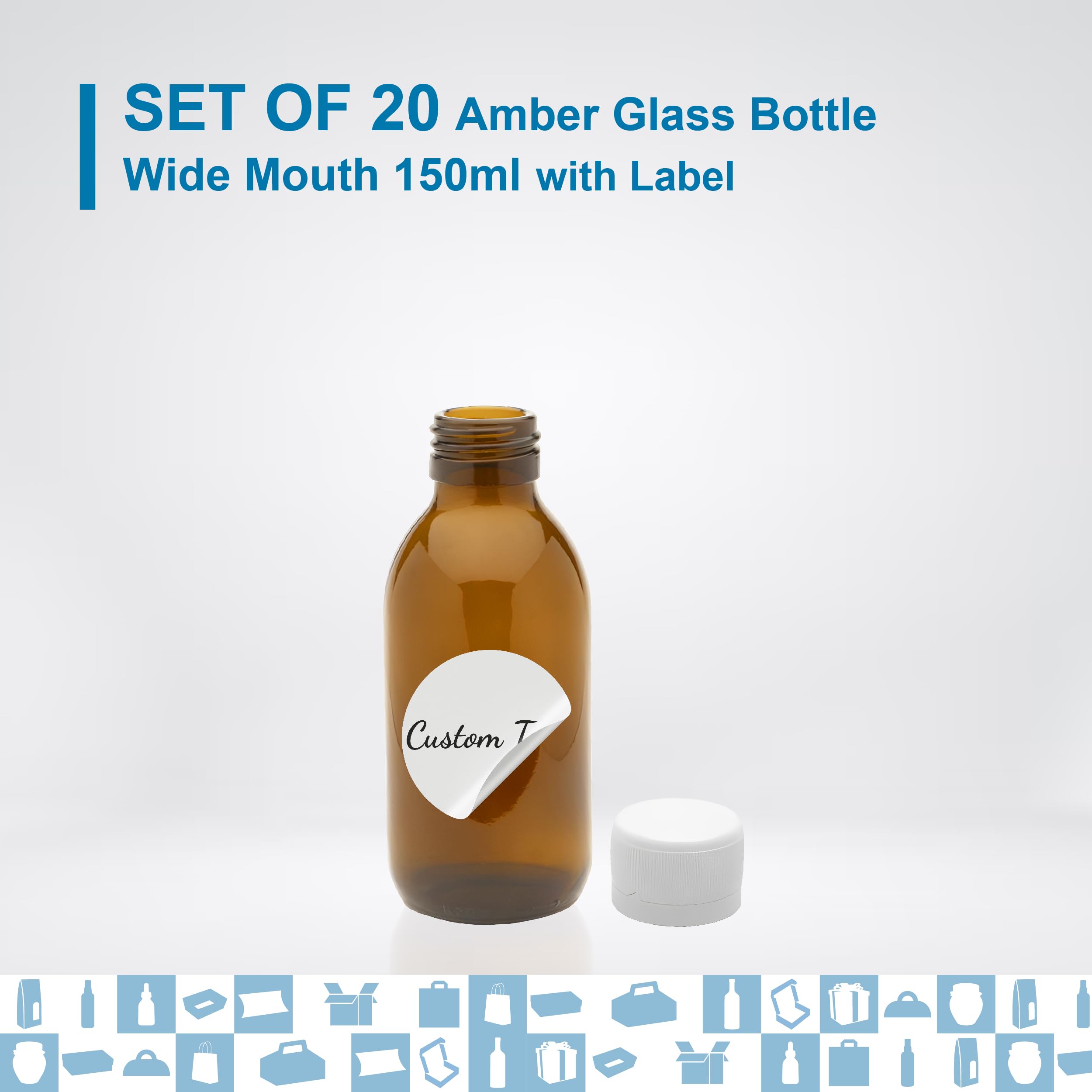 20 flaconi vuoti in vetro ambrato da 150 ml con coperchio in plastica + 20 etichette di adesivi personalizzate, flacone per oli essenziali, cosmetici, laboratorio, medicinali