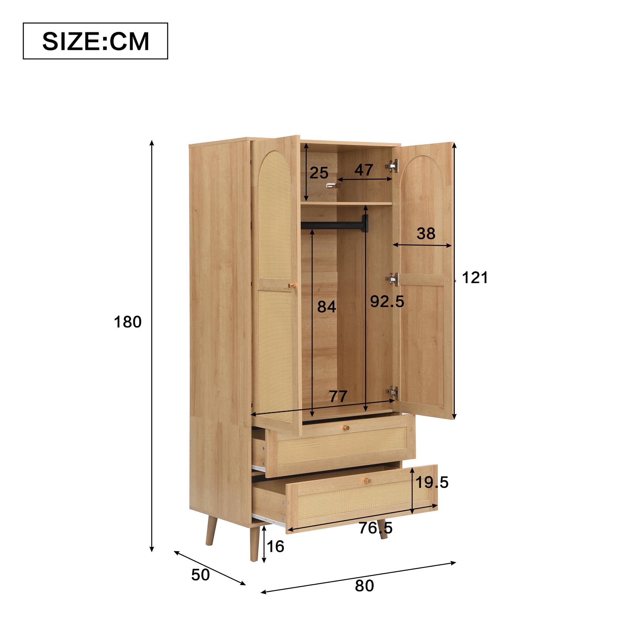 Armadio in legno naturale, armadio multiuso con design in rattan, asta appendiabiti, scaffali, armadio moderno per camera da letto, corridoio e spogliatoio, naturale