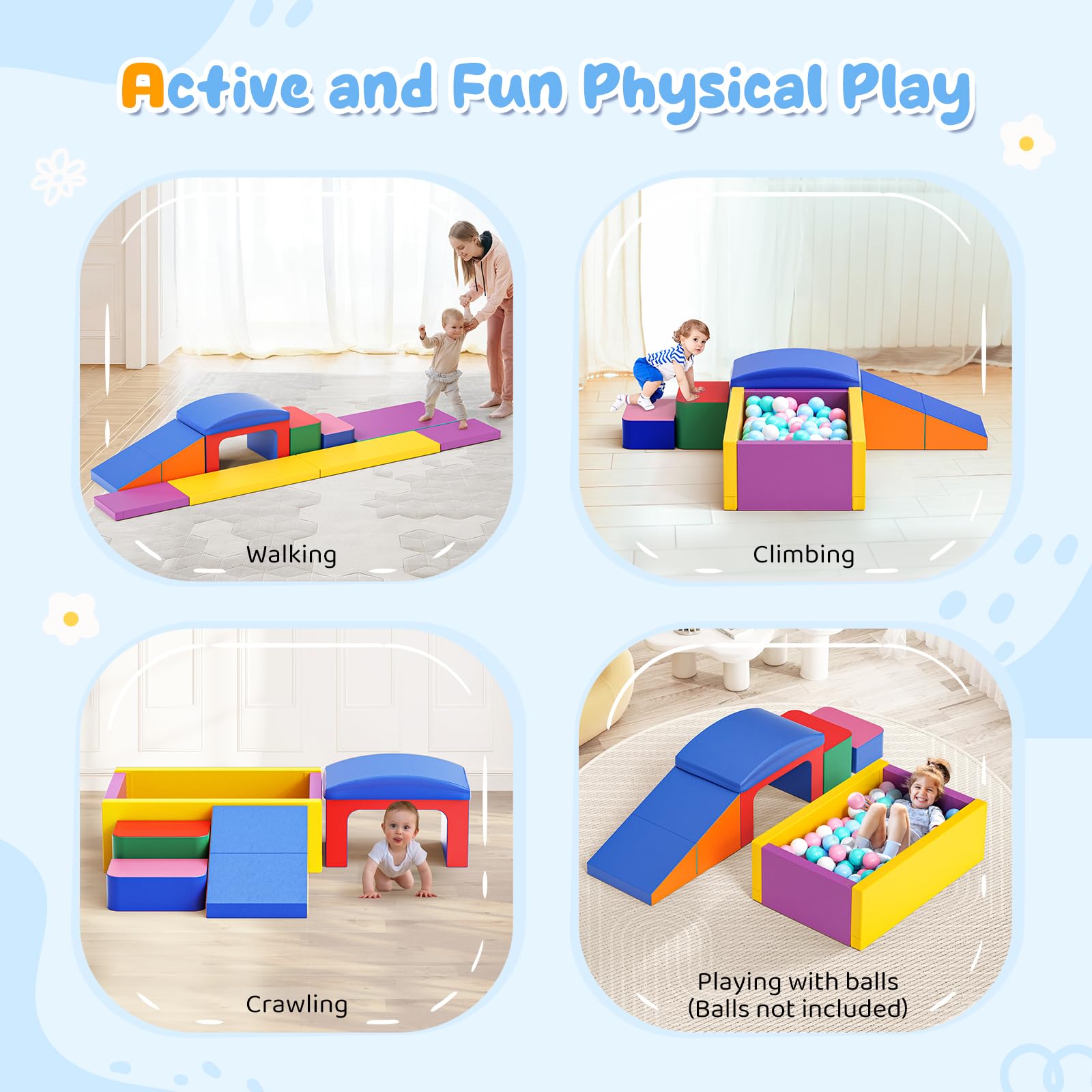 Kinder Schaumstoffbausteine, große Schaumstoffbausteine, Indoor-Kletterblöcke, Kinderklettergerüste，Mit Bällebad und Tunnel, Geschenk für Kinder im Alter von 1–3 Jahren(bunt-6pcs)