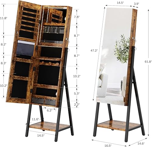 Miniatura 3 de SDHYL Armario de joyería con espejo, espejo de longitud completa con almacenamiento, armario de joyería de pie con cerradura con espejo integrado y