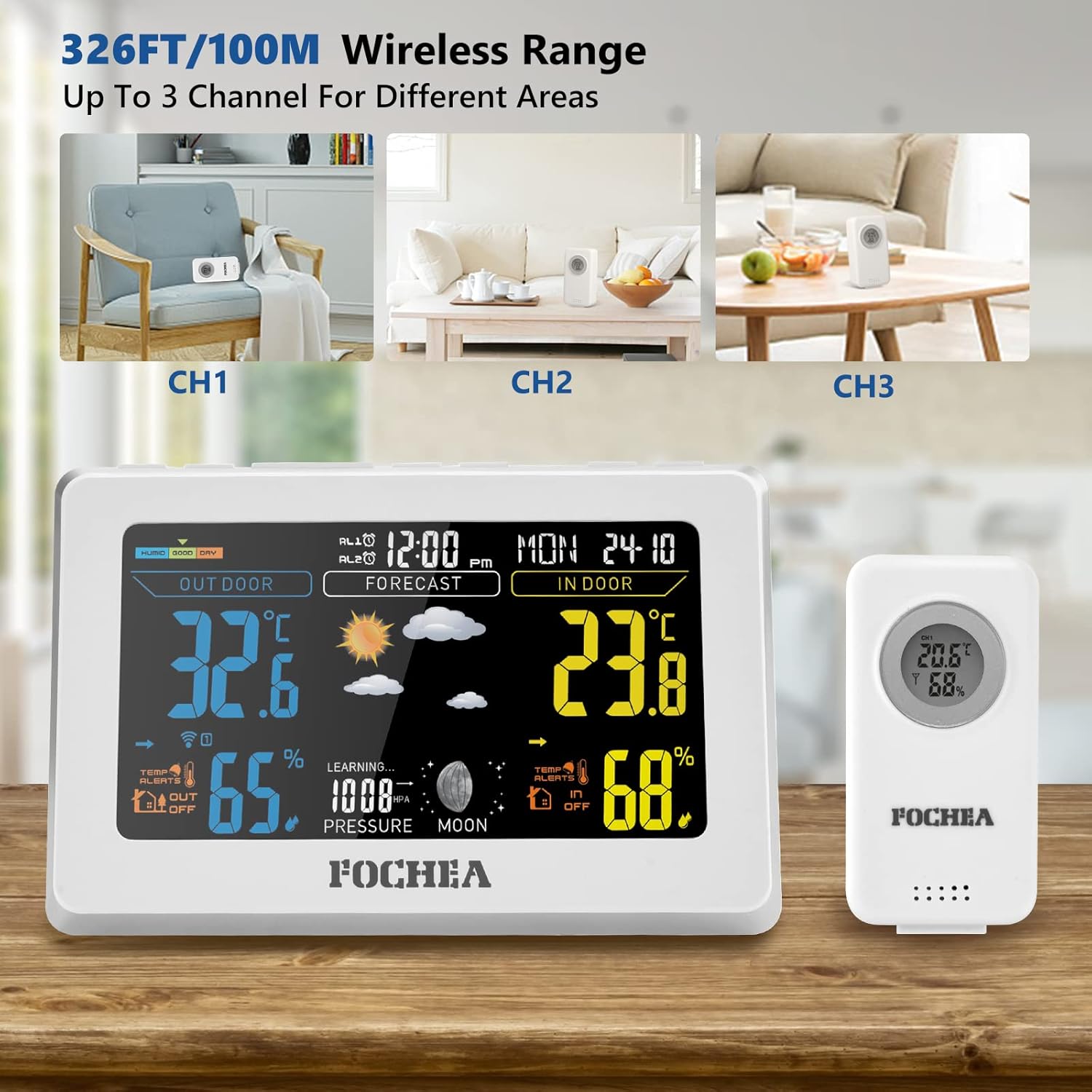 Diagram illustrating the 326FT/100M wireless range of the weather station with multiple sensors