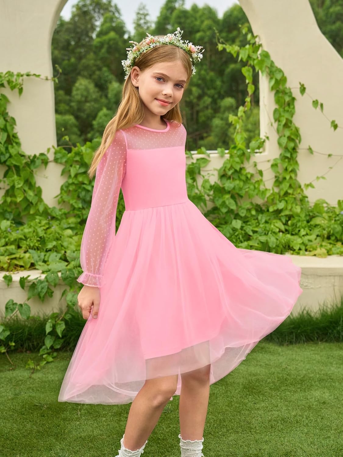 Haloumoning Girls Dresses Kids Contrast Mesh Long Sleeve Twirly High Low Birthday Party Formal Dress 5-14 Years - Image 2