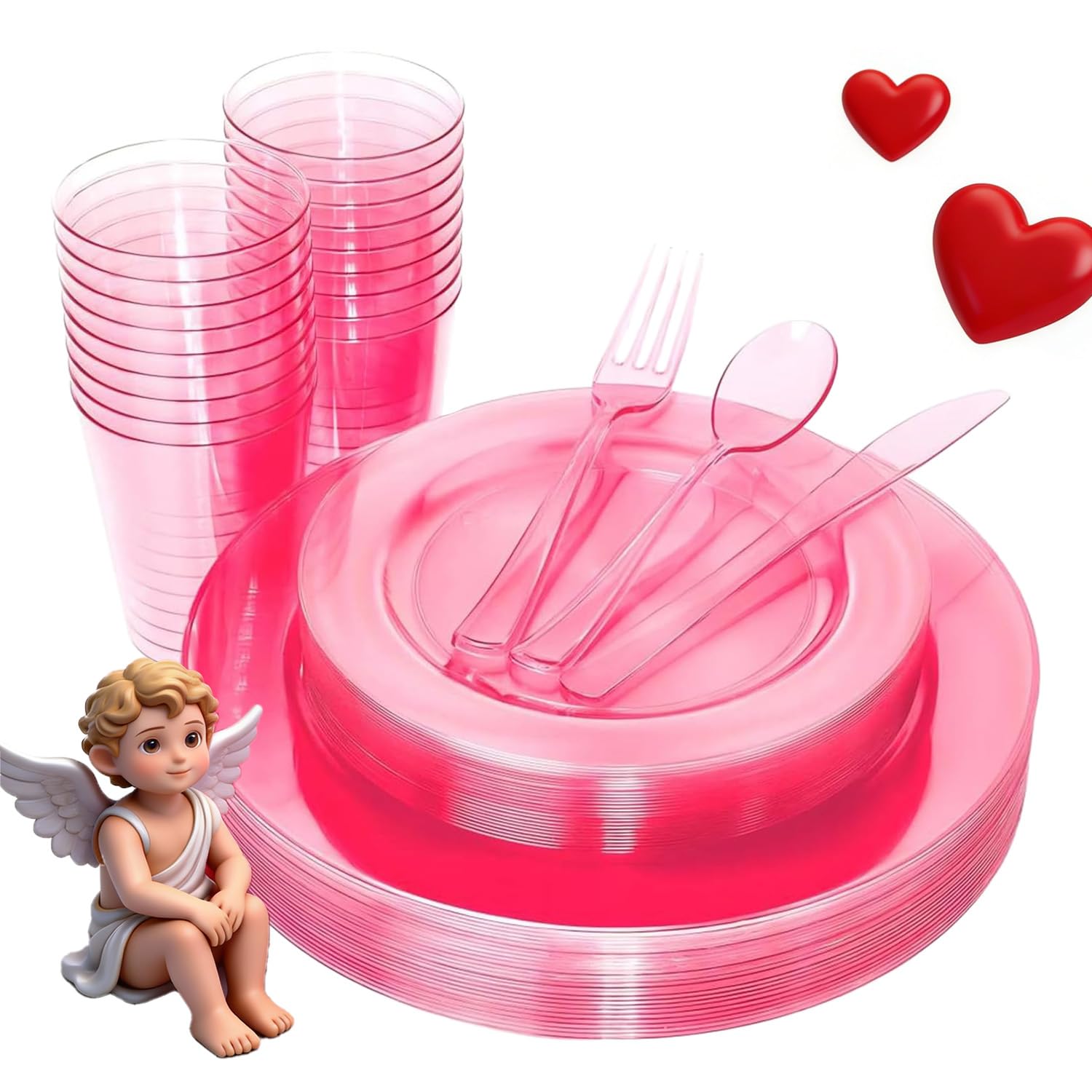 WDF 25 Guest Pink Plates with Pink Plastic Silverware&Pink Cups-Neon Clear Disposable Dinnerware include 50 Plates,25Forks, 25 Knives, 25 Spoons,25 Plastic Cups for Party and Baby Shower