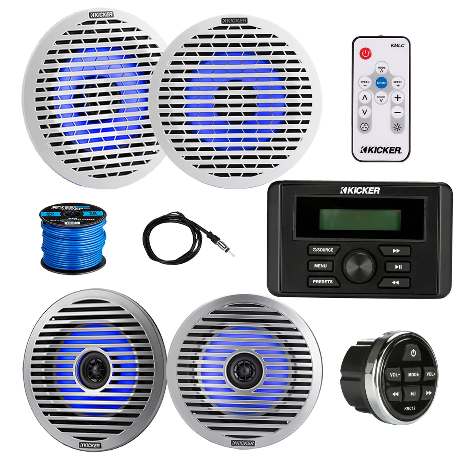 Kicker 46KMC3 Marine Gauge Style USB Bluetooth AM/FM Receiver w/Remote, 4X 6.5 130W Thin-Mount Multicolor LED Boat Audio Speakers with 4X White Grilles, 4X Silver Grilles, Wire, Antenna, LED Remote