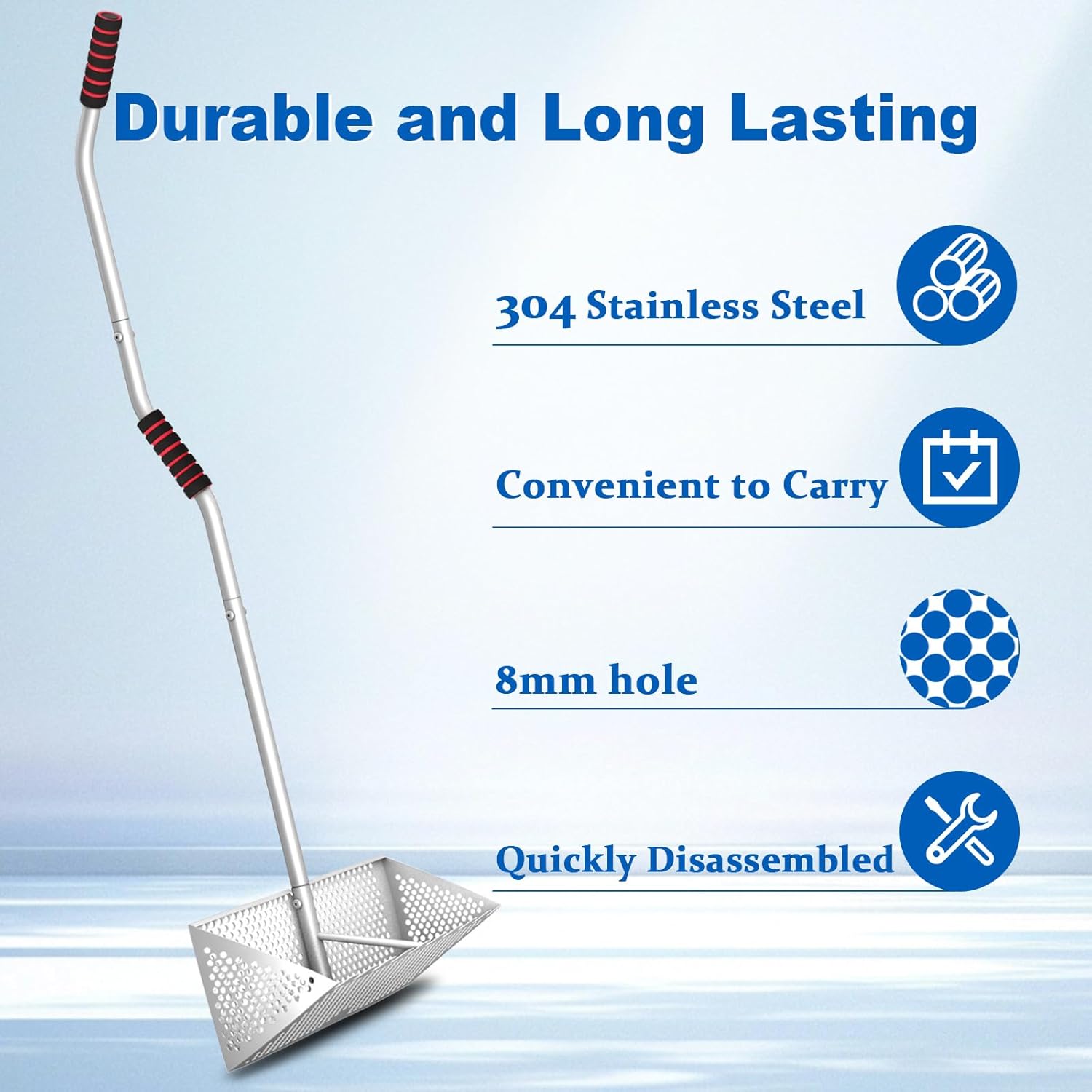 Sand Sifter, 304 Stainless Steel, 16'' Basket with Sharp Teeth, 60" Ergonomic Handle | Equipped with Clam Rake, Sand Flea Sifter, Black Beach Shovel and 5L Bucket