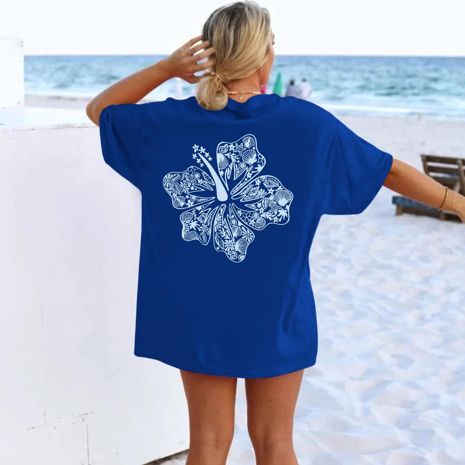 Hawaiian T Shirts for Women Oversized Aesthetic Hibiscus Flower Beach Shirt Preppy Tropical Graphic Tee Tops