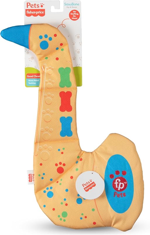Fisher Price Saxobone Rip and Reveal Plush Dog Toy | Squeaker inside, rip and reveal interactive design, officially licensed Fisher Price pet product, fun