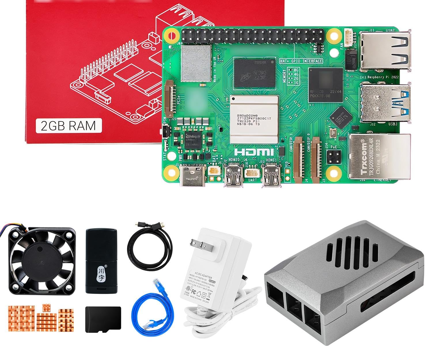 Yahboom Pi 5 2GB Development Board Starter Kit with 27W 5.1V/5A Power Adapter Heat Sink and Raspberry Case (Pi5 2GB, Classic Basic Kit)