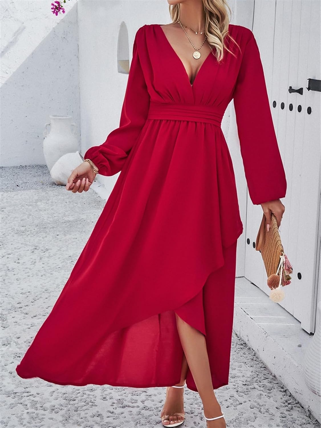 Casual Dress for Women 2024 Womens Autumn Dress With Waist Cinched Long Skirt and Large Hem Skirt(Red,Small)