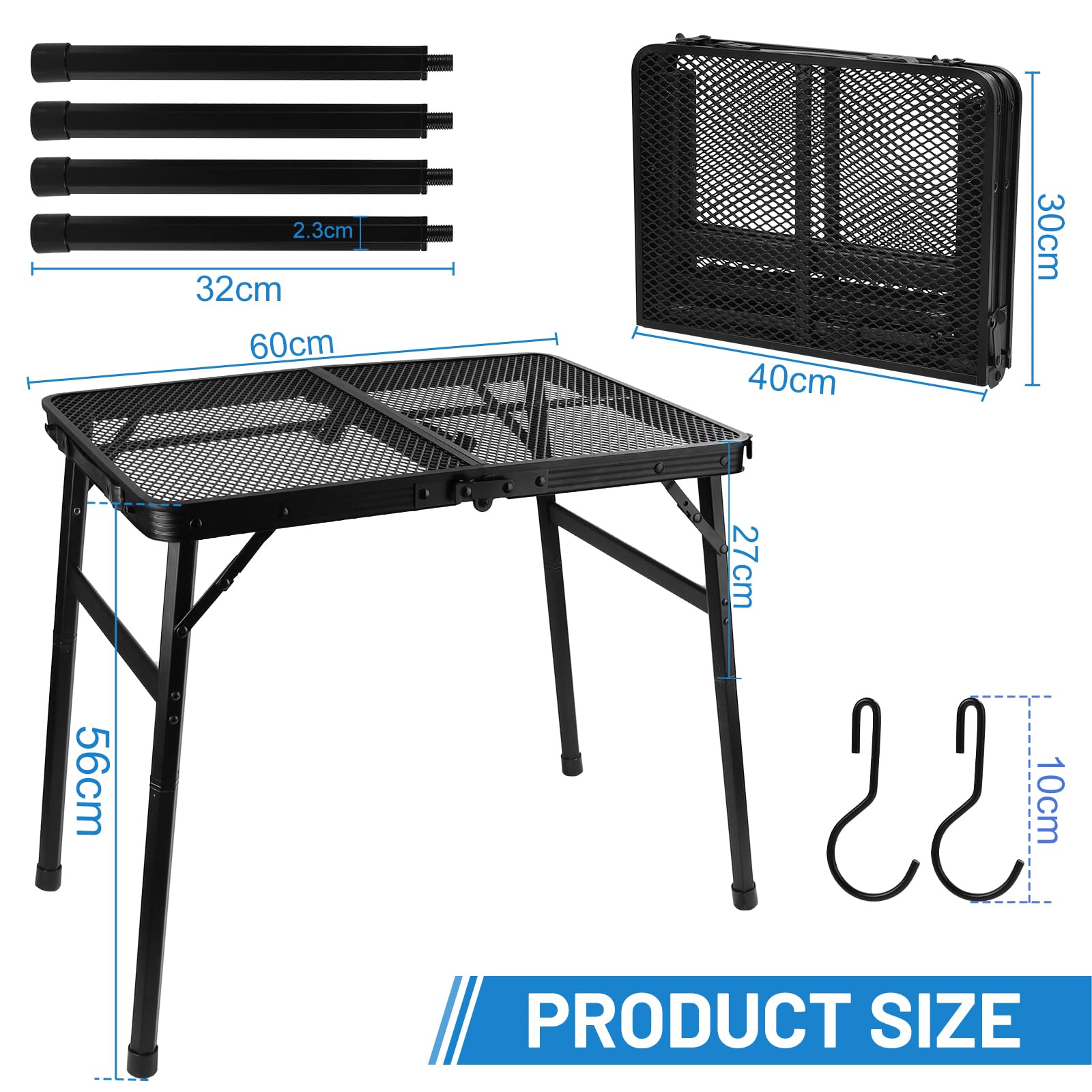 LALAGO 60x40cm Tavolo da Campeggio Altezza Regolabile 27/56cm, Piccolo Tavolo Bar Pieghevole con Scrivania in Rete, Tavolo Multifunzionale Portatile, Tavolo Sfondo Alluminio Nero per Giardino Picnic
