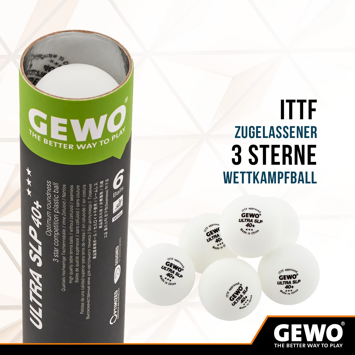 GEWO Tischtennisbälle Ultra SLP 3 Sterne 40+ Plastik ITTF-zertifiziert weiß