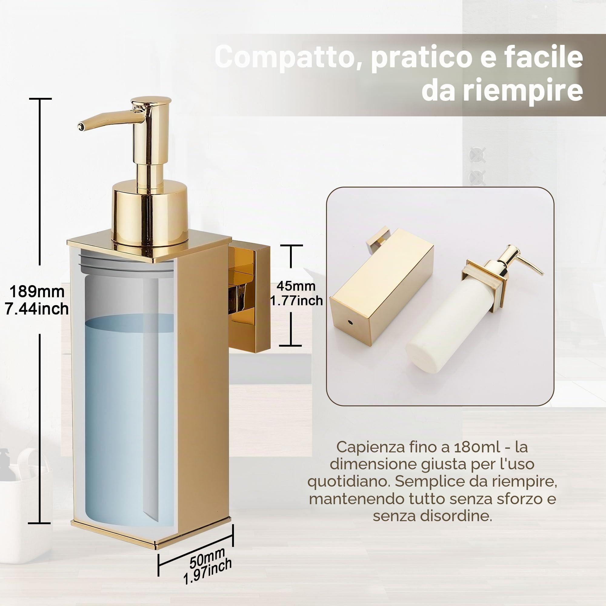 BGL Dispenser di sapone da parete in acciaio inox 304, dispenser per sapone liquido per bagno e cucina, confezione da 2, colore: oro
