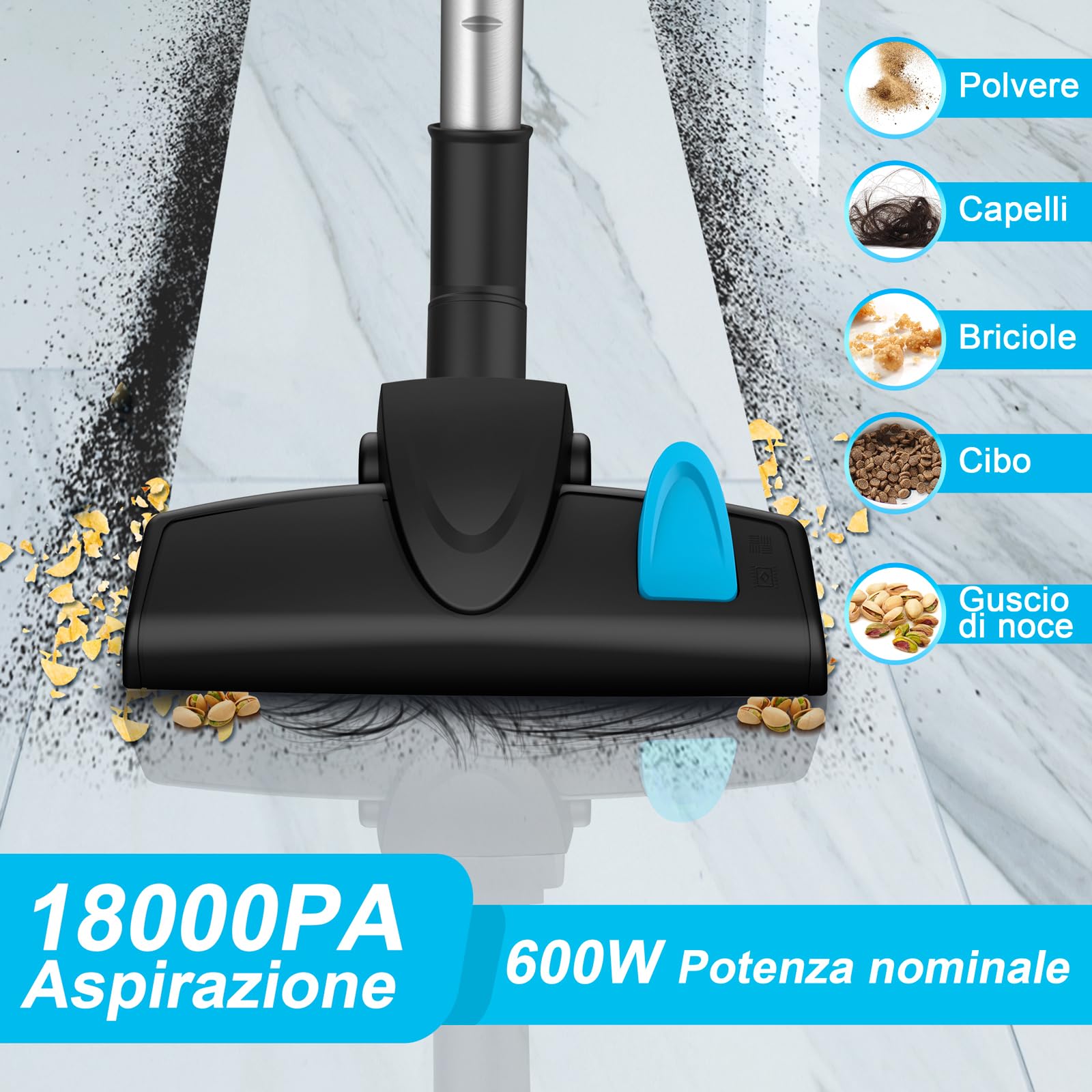 Aspirapolvere con filo, Scopa Elettrica con Filo, 18kPa 600 W, Aspirapolvere senza Sacco, con Cavo 6m, 3 in 1, per Pavimenti Duri e Peli di Animali Domestici