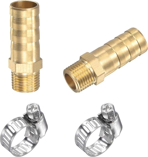 sourcing map Brass Hose Barb Fitting Straight 10mm x G1/8 Male Thread Pipe Connector with Stainless Steel Hose Clamp, Pack of 2