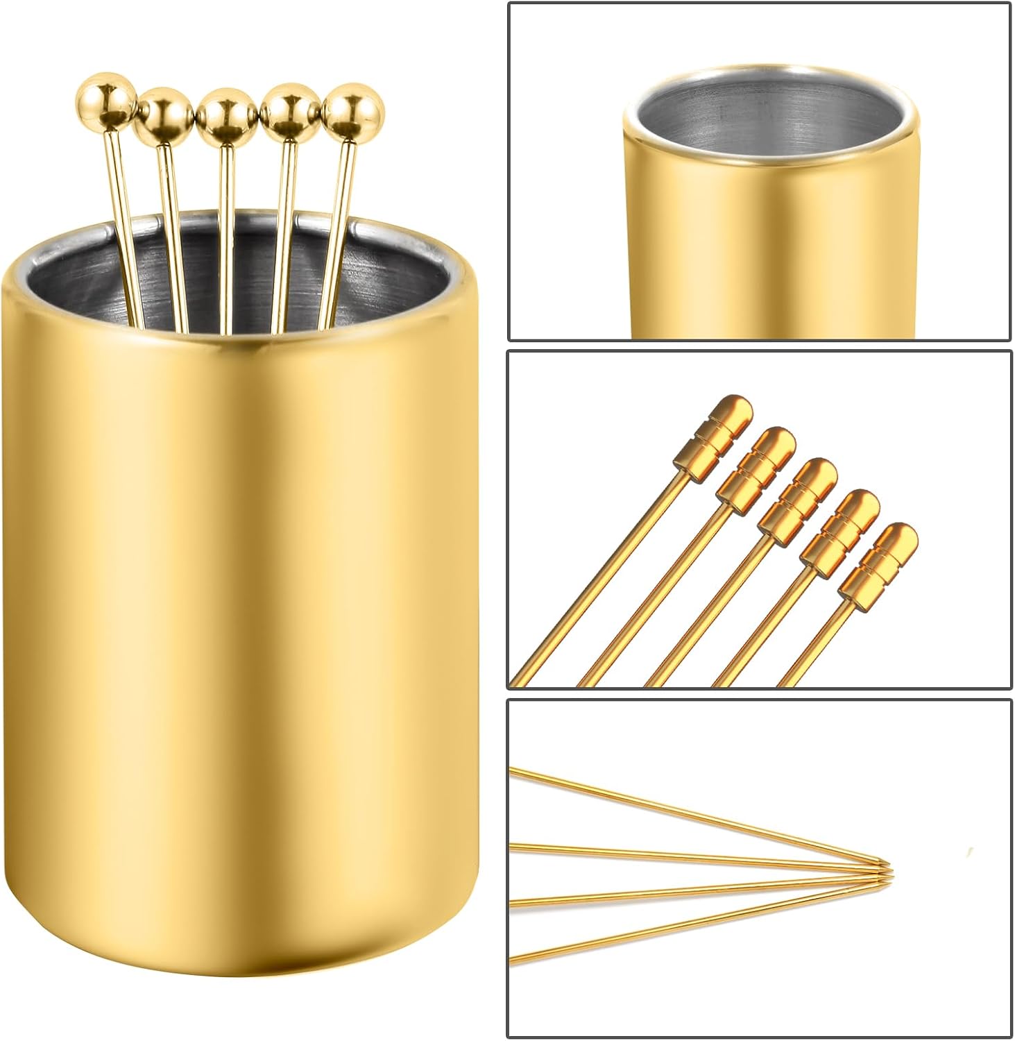 12-Piece Cocktail Picks Set with Holder, Premium 304 Stainless Steel Martini Skewers, Reusable Garnish Sticks for Olives, Appetizers & Fruit (4 Styles Golden)