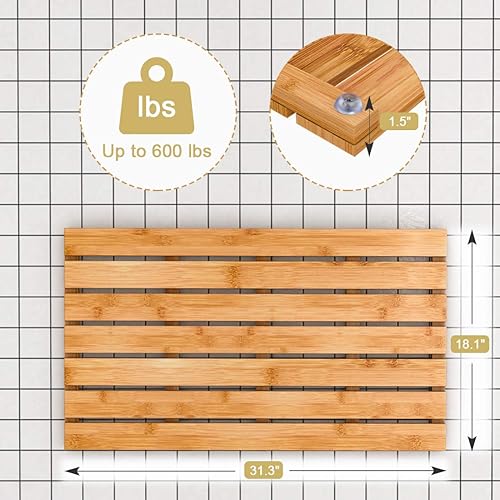 Miniatura 6 de Tapete de baño de madera de bambú para ducha de lujo, antideslizante, impermeable, para uso en interiores o exteriores (31.3 x 18.1 x 1.5 pulgadas)