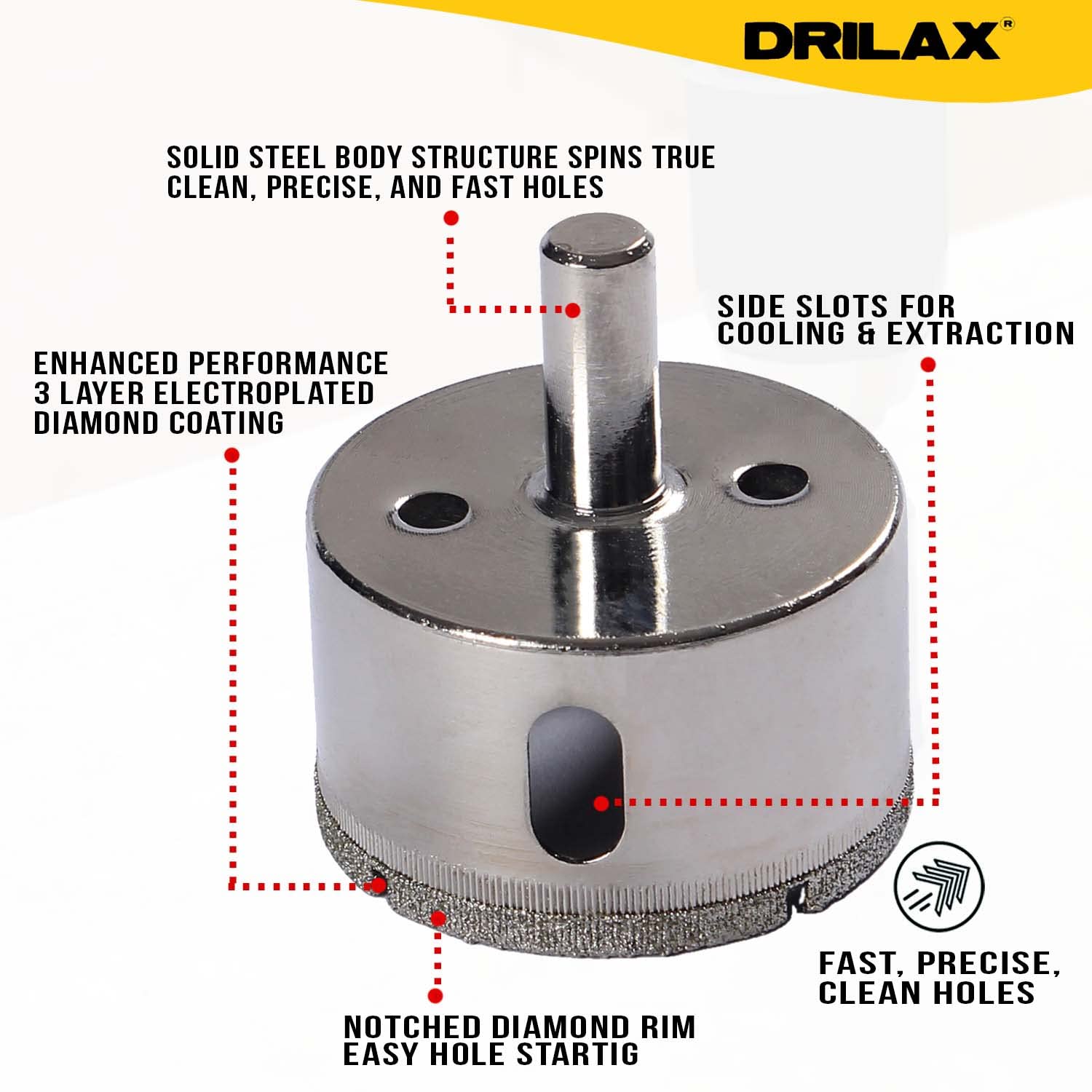 Drilax 2 inch Diamond Hole Saw for Tiles and Glass Diamond Drill Bit with 3/8" Shank for Ceramic, Porcelain, Granite, Quartz