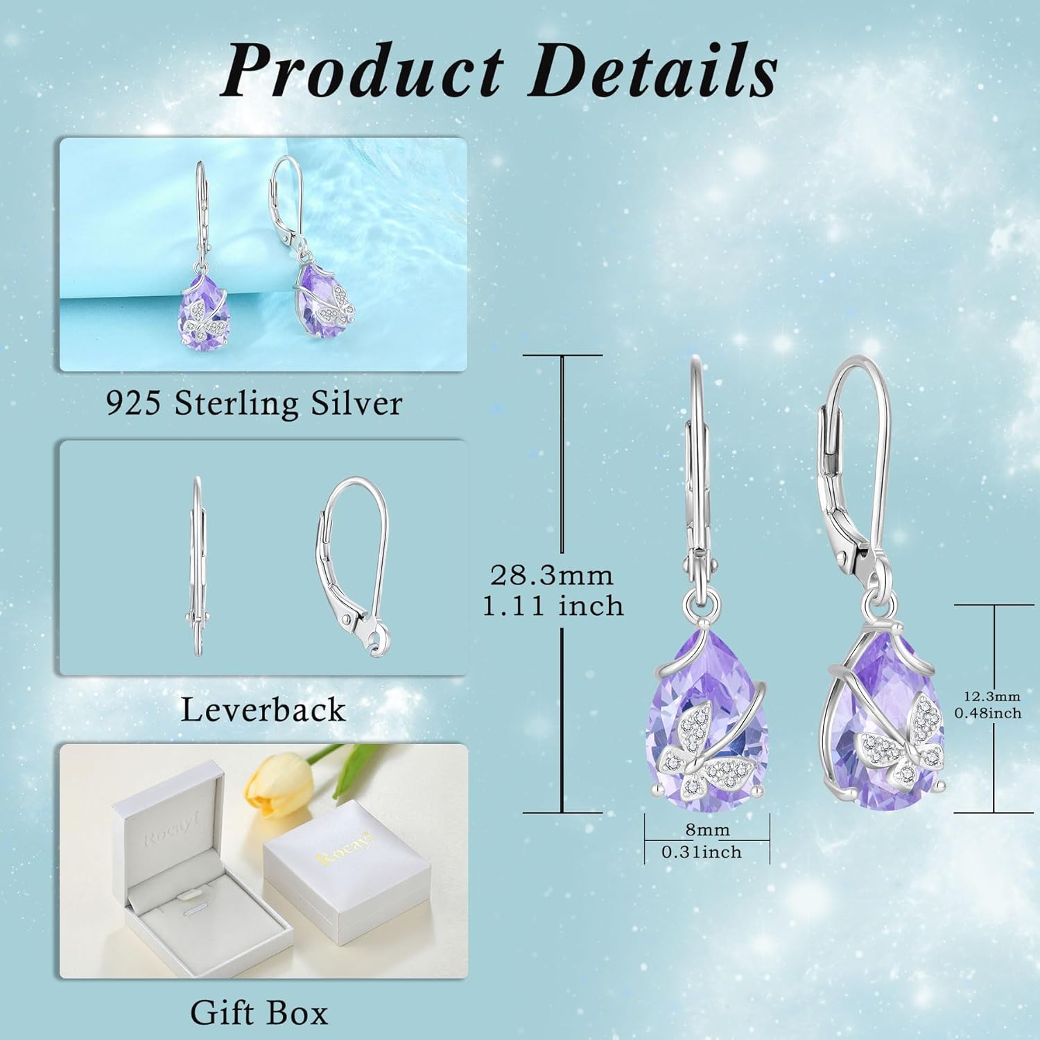 Butterfly Drop Dangle Earrings 925 Sterling Silver Teardrop Leverback Earrings Birthstone Jewelry for Women - Image 6