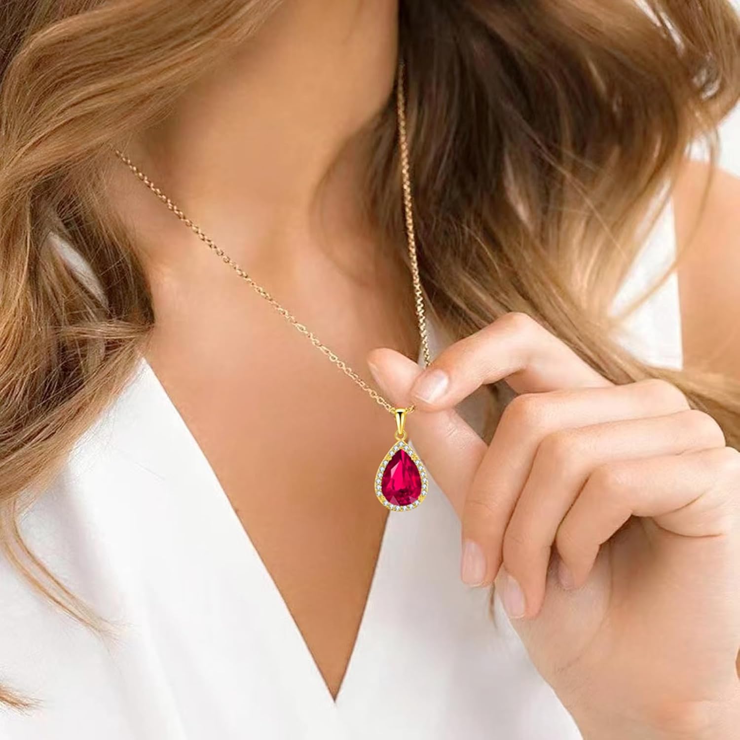 VONSSY Classic Oval Pendant Gemstone Necklace | Crystal Ruby Sapphire Waterdrop Birthstone Teardrop Emerald Necklace | 18K Platinum Gold Plated Chain | Jewelry Gift for Mother Wife Girlfriend - Image 7