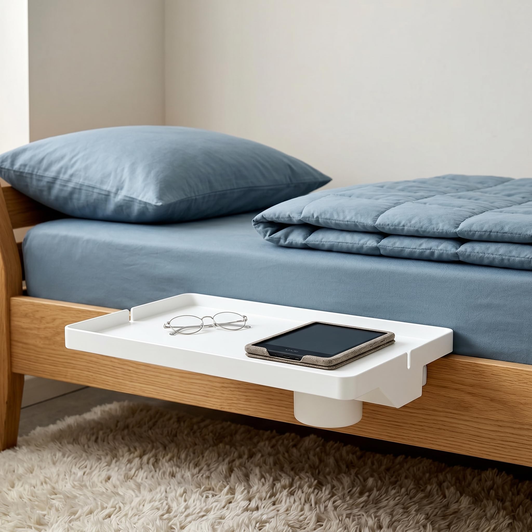 Table De Chevet Suspendue pour Lit Grande Table De Nuit Fixe sur Cadre 43x29,5 Cm avec Support De Verre Et Passe-Câbles Plateau Lit pour Smartphone Blanc