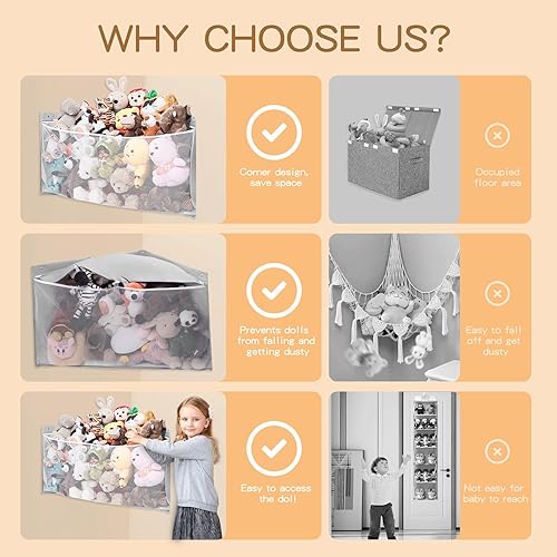 Miniatura 6 de ANROYE Almacenamiento grande de animales de peluche en las esquinas, juguete de peluche para niños, hamaca de pared gris para habitación de niñas,
