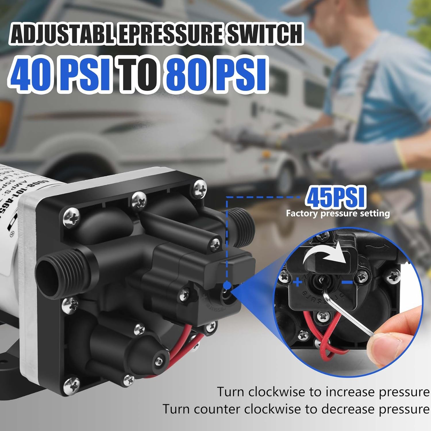 RV Water Pump 4008-101-A65/E65 3.0GPM 55PSI 12v DC Revolution Water Pump Compatible With Camper,Rv,Shower,Sprayer On Demand Water Pump Quiet Operation (3.0GPM 55PSI)