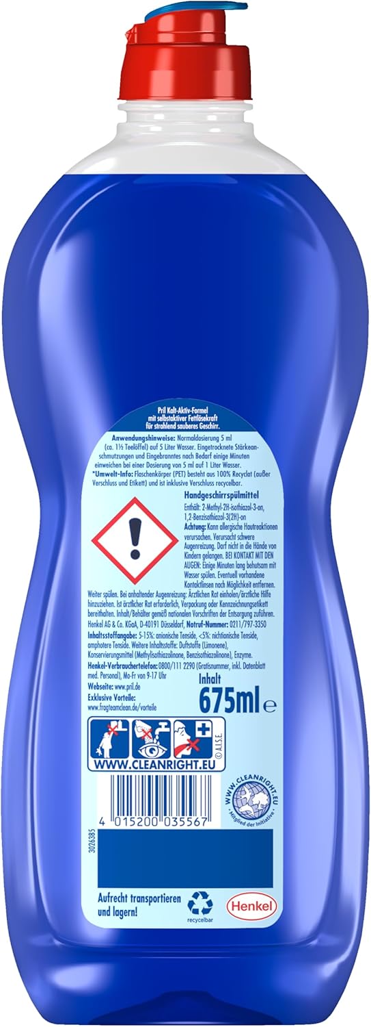 Pril Original (675 ml), hand dishwashing detergent with highest degreasing power, for clean dishes even in cold water