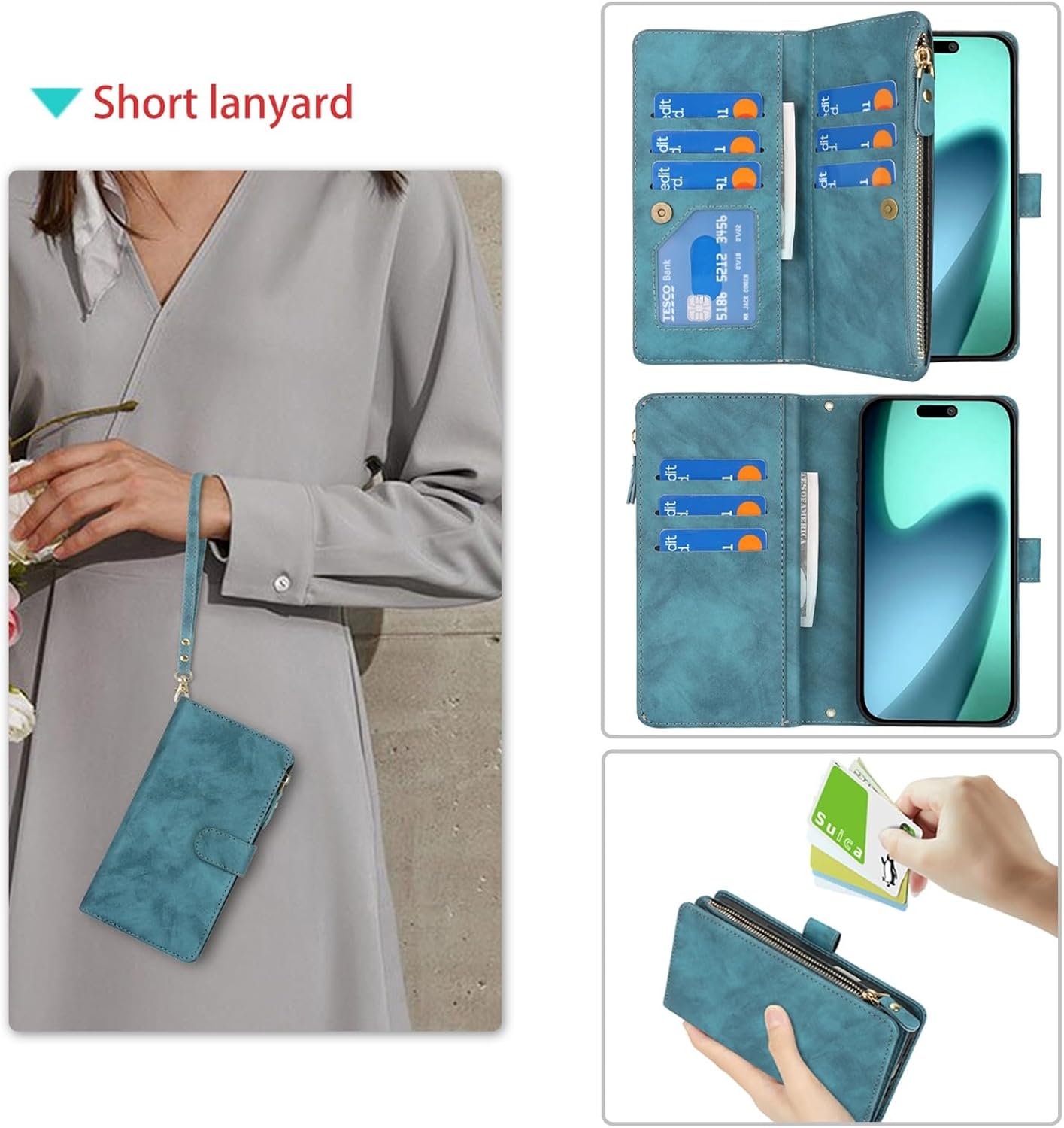 Jaorty Wallet Case Compatible with iPhone 17 Pro with Wrist Strap,2025 Release Purse for Women Men,[9 Card Slots] Card Holder Zipper Cash Pocket Magnetic Leather Cover,6.3 inch Blue - Image 4