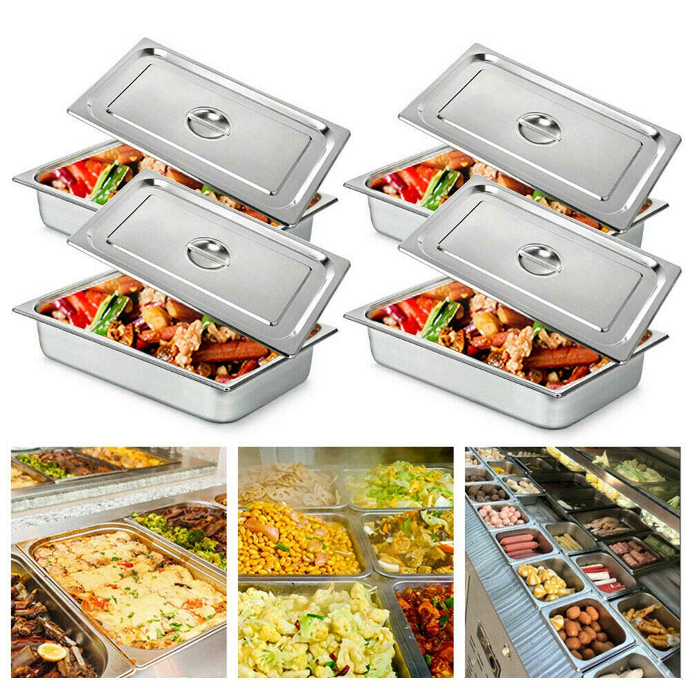 4 recipientes Gastronorm apilables de acero inoxidable antiadherentes Chafing Dish Recipientes con tapa de acero inoxidable para buffet Chafing Dish, vaporera