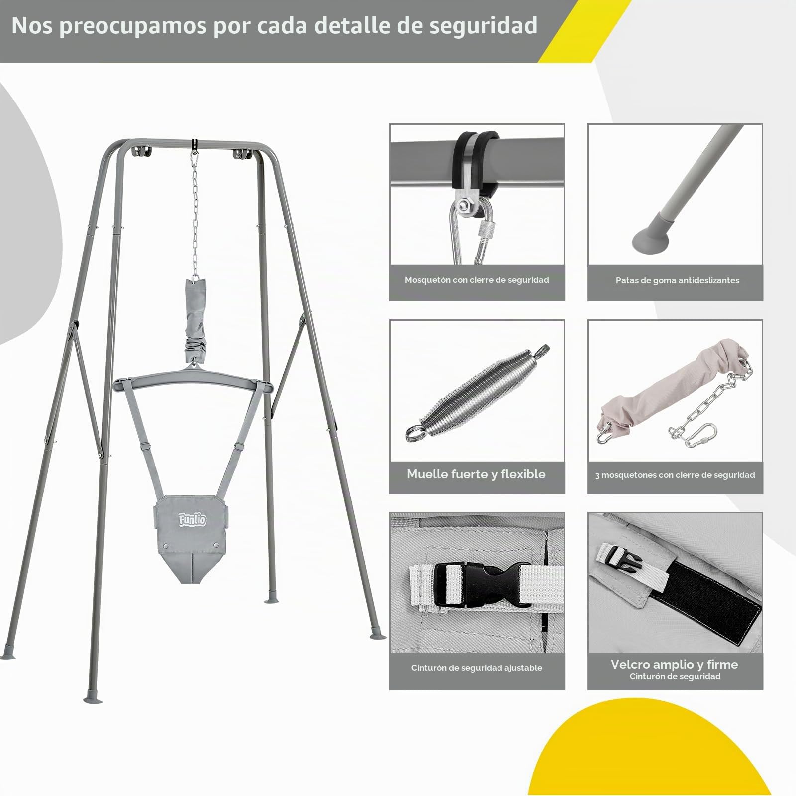 FUNLIO Juego de Columpios 2 en 1 con Saltador de Puerta para Bebés, Columpio y Rebotador para Niños de con 4 Bolsas de Arena, Soporte de Metal Plegable en Interiores/Exteriores, Fácil de Armar - Gris