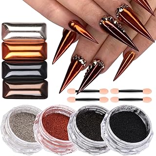 4 Jars Magic Chrome Nail Powder Holographic Metallic Mirror Effect 4 Colors Manicure Glitter Pigment Dust for Nail Art Decoration Design Silver Gold-Red Black Chocolate Pearl Powder with Tools