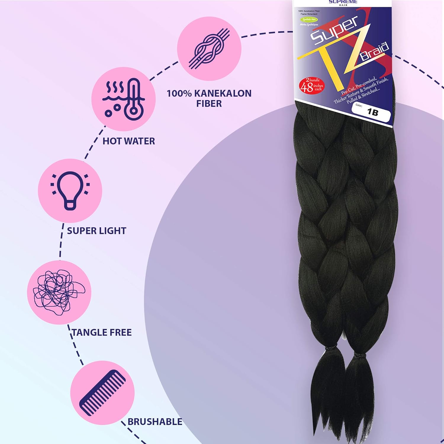 Pre-Stretched Braiding– 48 Inch Long Unfolded – 6 Bundles Total – Xpression 100% Kanekalon– TZ Braid Hair Extensions – Pre-Cut and Pre-Combed Synthetic Hair (1B)