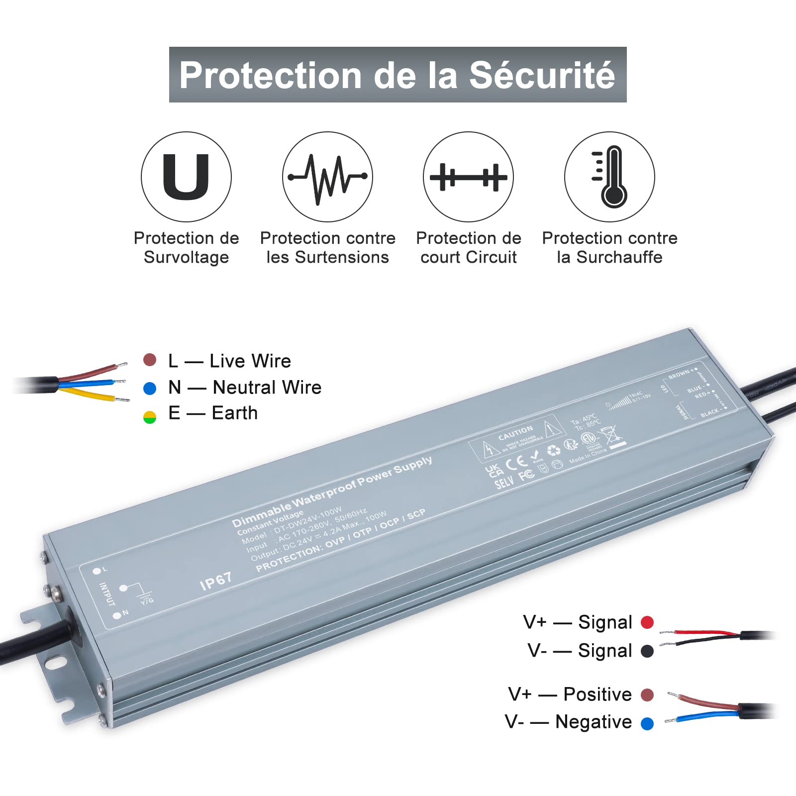 REYLAX Transformateur 220V 24V Dimmable étanche Alimentation LED 100W 4.17A | Transfo DC LED Driver de Tension Constante Pilote LED Basse Tension pour Ampoule à Bande Lumineuse Led
