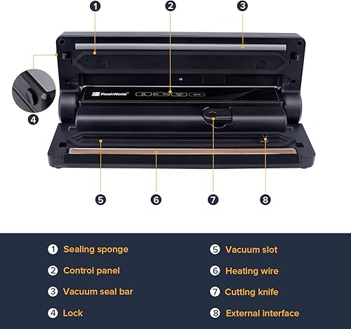 Miniatura 3 de Sellador al vacío, ahorrador automático de alimentos 4 en 1 con cortador, máquina de envasado al vacío Stee inoxidable para alimentos secos y