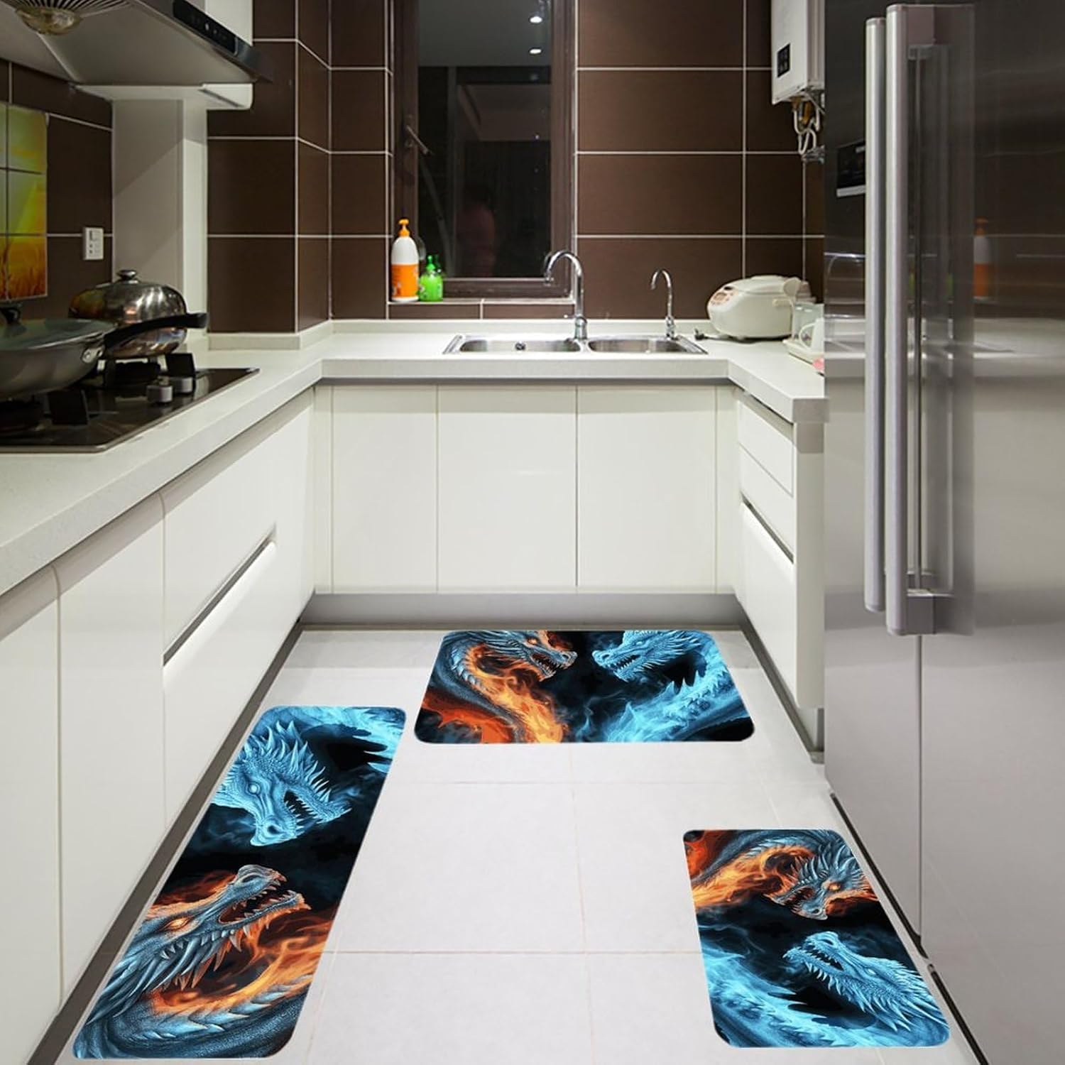 Ice and Fire Dragons Kitchen Mats for Floor 3 Pcs Kitchen Rugs