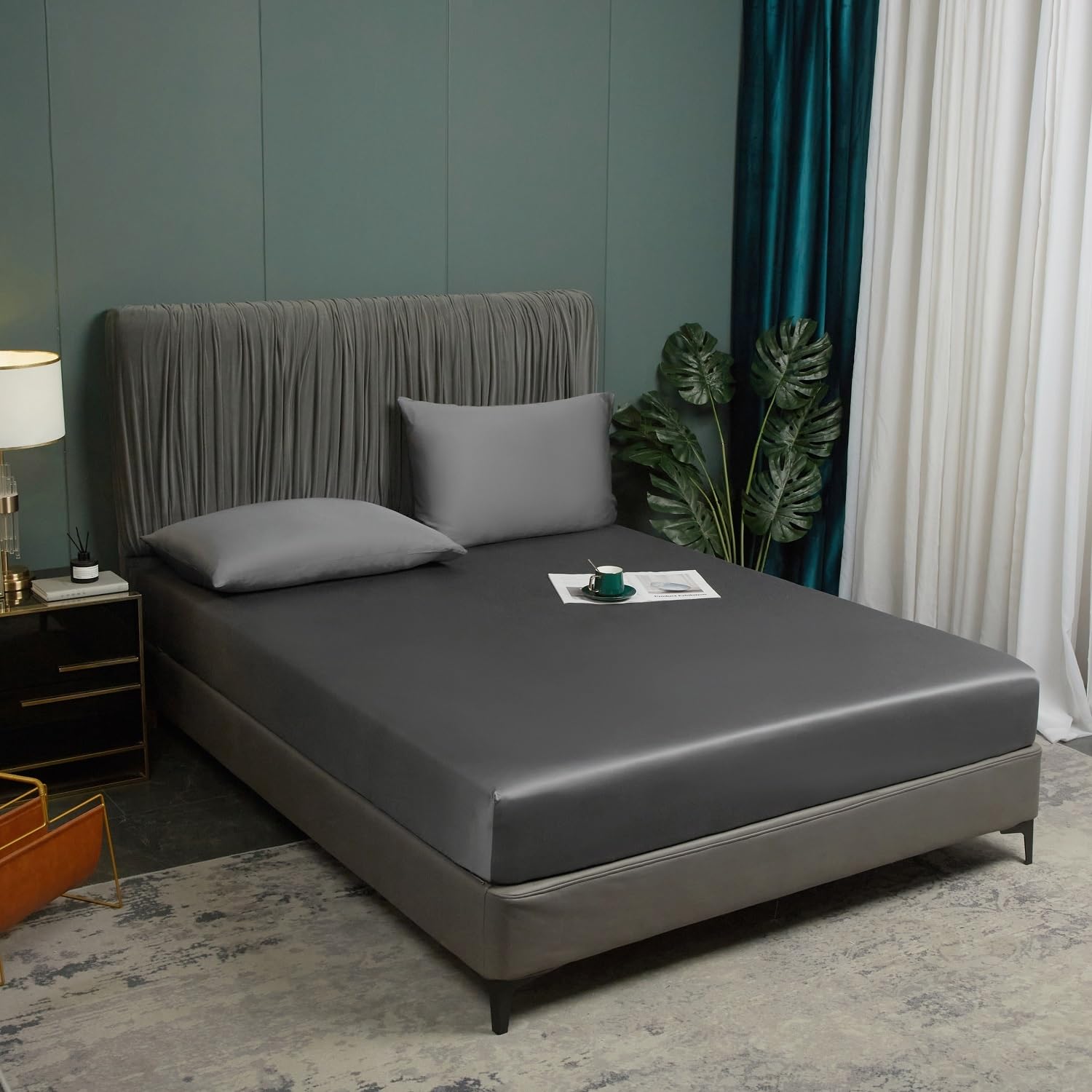 Spannbettlaken Bambus Bettlaken Boxspringbett 100x200 cm Dunkelgrau Weich Atmungsaktiv 100% Bambus Bettlaken Kühlende Spannbetttuch Leintuch 100 x 200 für bis 25cm Matraze