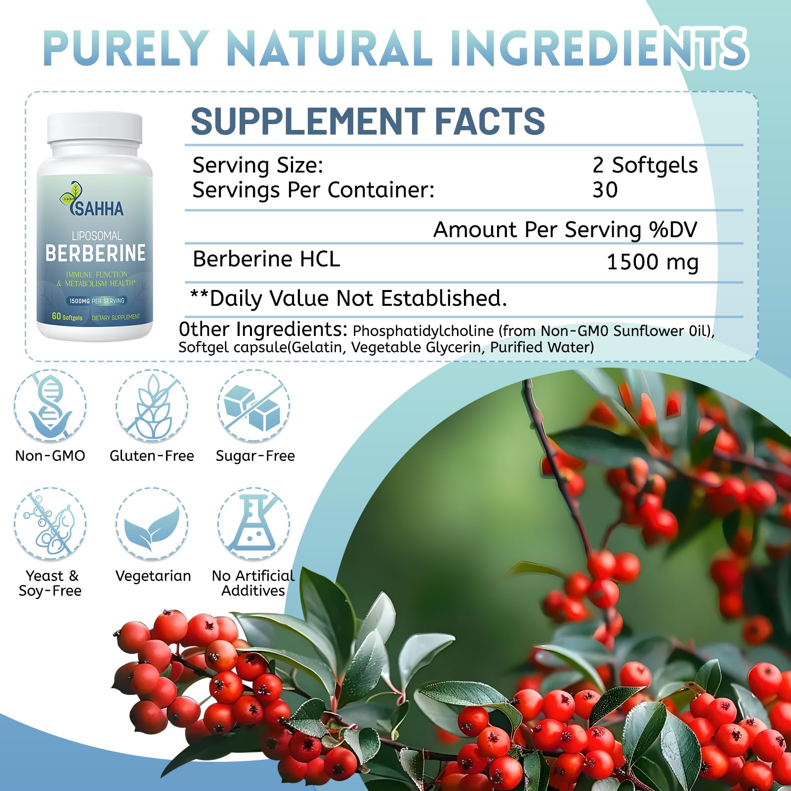 Sahha Liposomal Berberine HCL 1500mg – Supports AMPK & GLP-1 Activation, High Bioavailability for Men & Women Overall Health Supplement