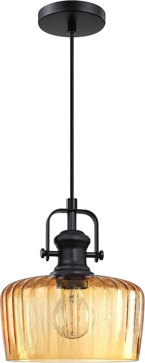 Leading Lighting 1 Light Pendant Light Hanging Modern Farmhouse Indoor Fixture 9" Pink Textured Glass Black Finish Dinning Over Sink Kitchen Island