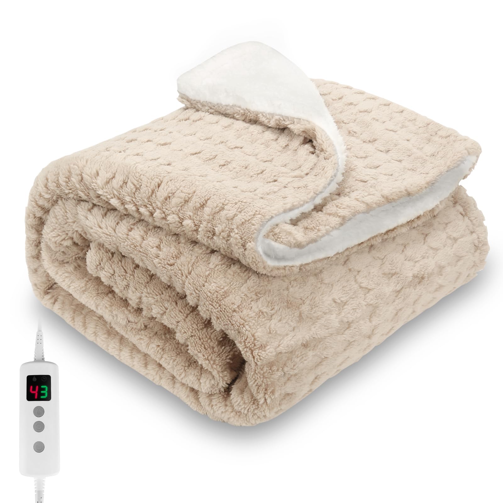 Heated Blanket, Electric heated throw 160x130CM Beige, 10 Levels &1-9H Timer Auto-Off, Mac...