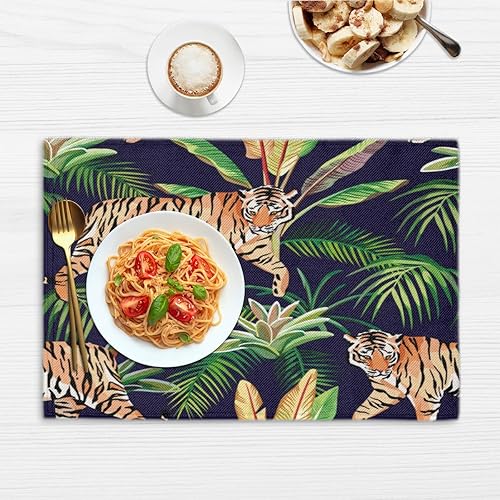 Miniatura 6 de Juego de 4 manteles individuales de hojas de tigre, lavables, impermeables, para decoración de mesa de comedor, 18 x 12 pulgadas