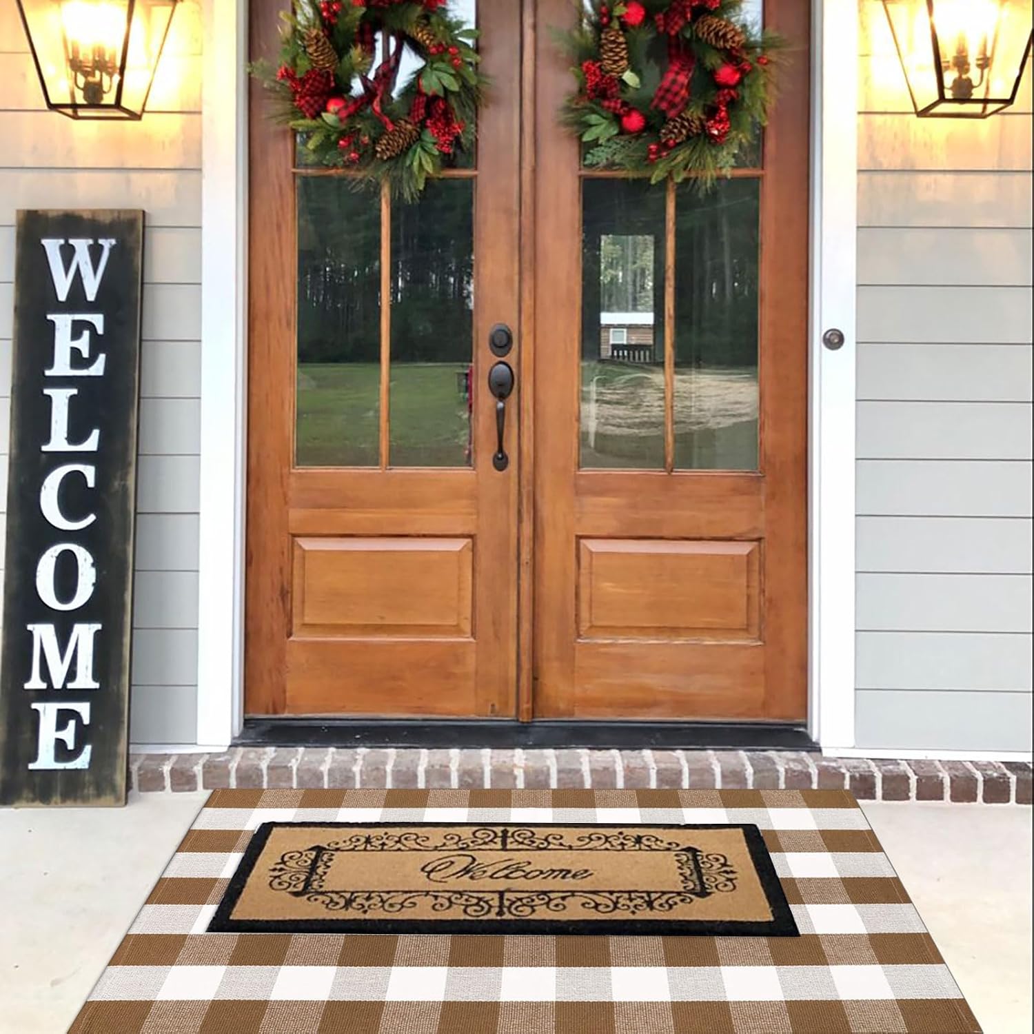 Bottalive Buffalo Plaid Outdoor Rugs, 3'x5' Brown and White Checkered Indoor/Outdoor Area Rug, Layering Rug for Hello/Welcome Door Mat, Washable Cotton Woven Farmhouse Mat for Fall Front Porch Décor image 2