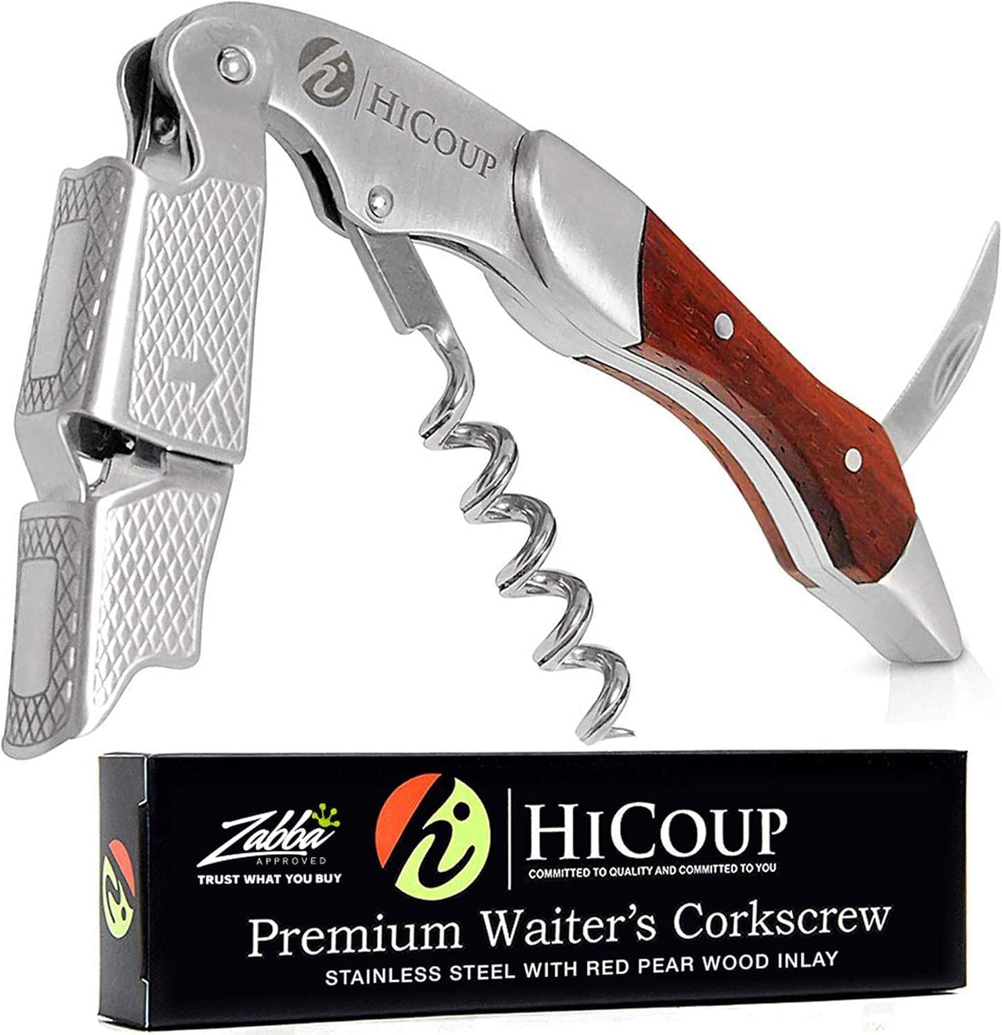 Hicoup Wine Opener - Professional Corkscrews for Wine Bottles w/Foil Cutter and Cap Remover - Manual Wine Key for Servers, Waiters, Bartenders and Home Use - Red Pearwood & Steel